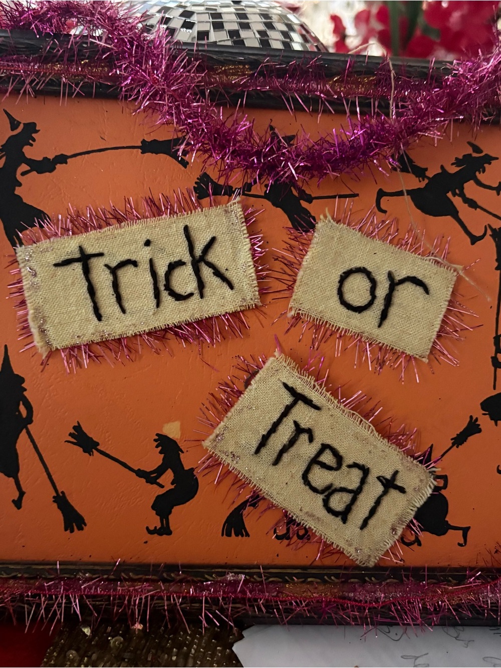 Trick or Treat Burlap Wall Sign - Orange and Pink Halloween Decor